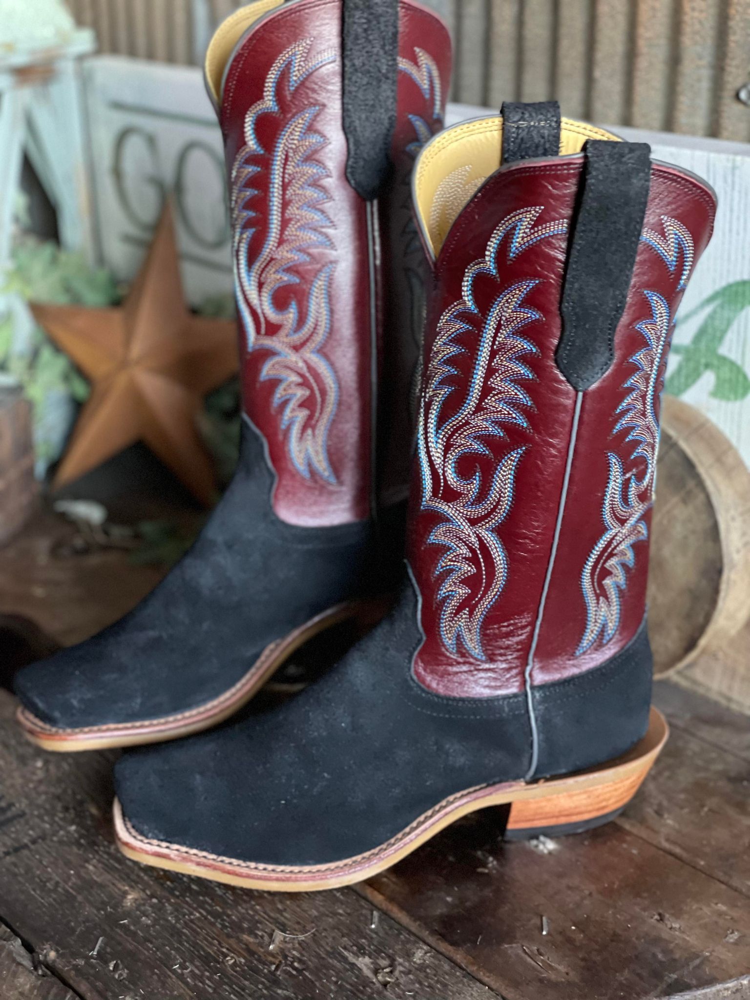 Fenoglio Black Victorian Rough Out & Burgundy Cutter Toe Boots-Men's Boots-Fenoglio Boots-Lucky J Boots & More, Women's, Men's, & Kids Western Store Located in Carthage, MO
