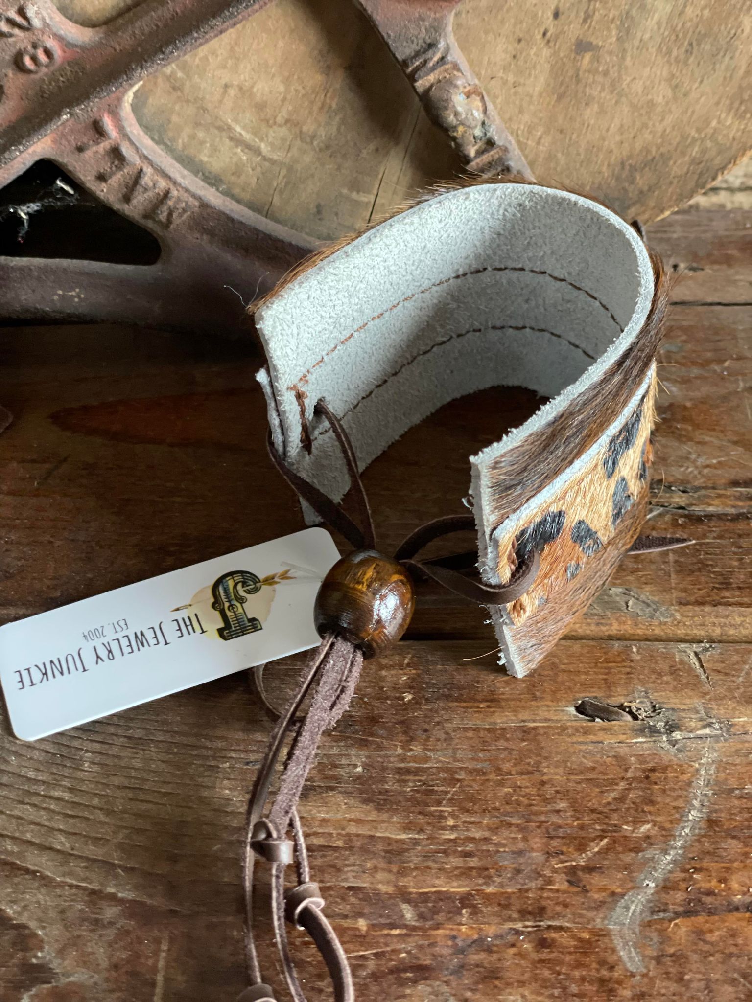 Leather Cuff w/Adjustable Leather Tie Leopard Hair on 009o-Leather Cuffs-The Jewelry Junkie-Lucky J Boots & More, Women's, Men's, & Kids Western Store Located in Carthage, MO