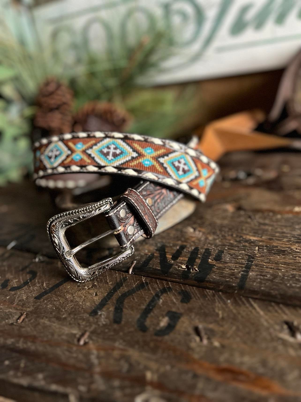 Nacona Floral Tooled and Beaded Belt with White Buck Stitch-Women's Belts-M & F Western Products-Lucky J Boots & More, Women's, Men's, & Kids Western Store Located in Carthage, MO