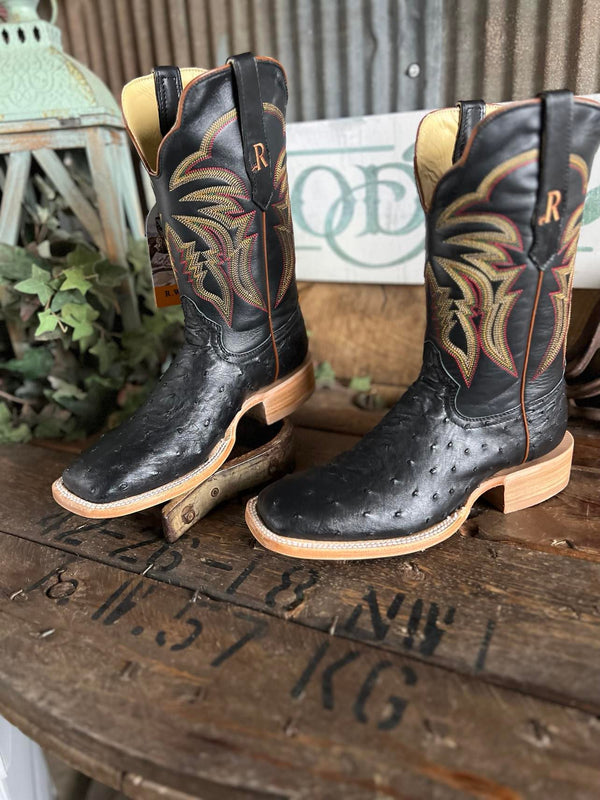 R. Watson Men's Black Full Quill Ostrich and Black Sinatra Cowhide Square Toe Boots-Men's Boots-R. Watson-Lucky J Boots & More, Women's, Men's, & Kids Western Store Located in Carthage, MO