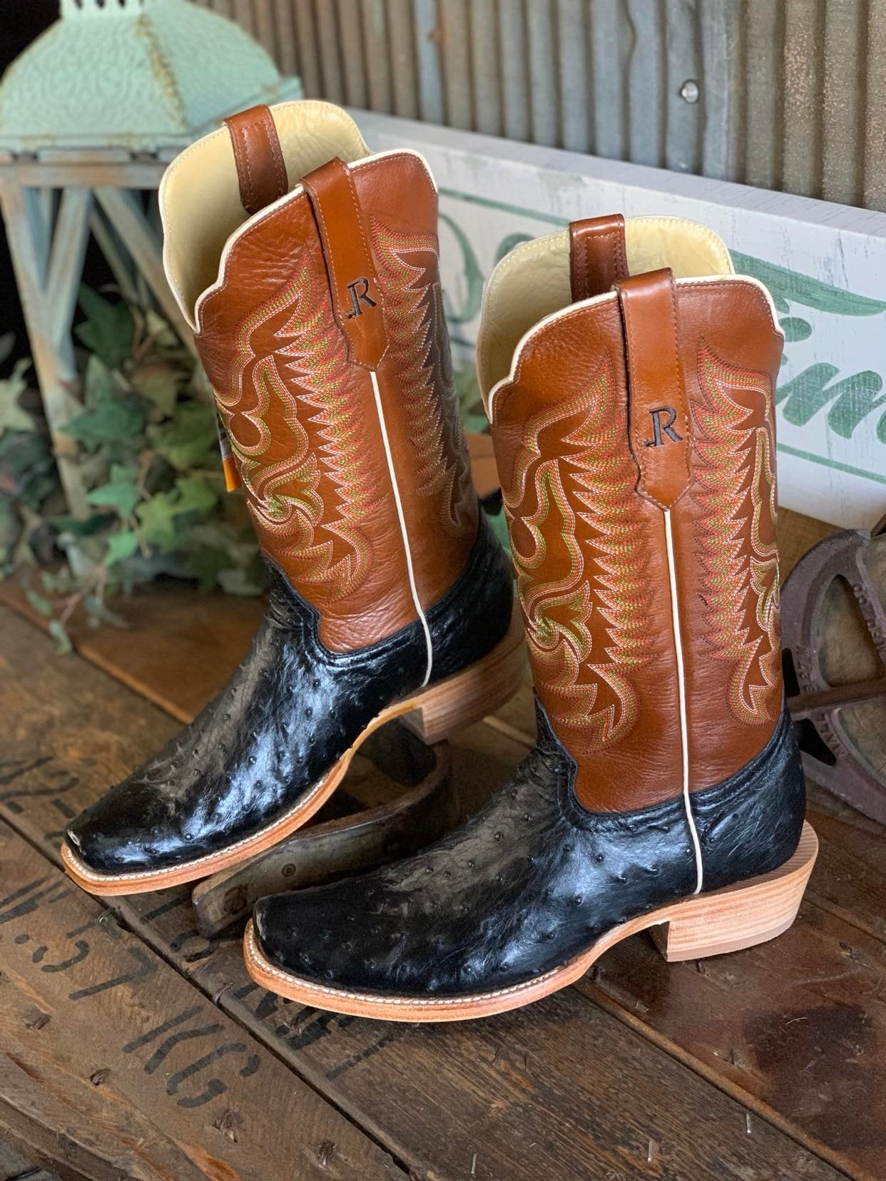 R. Watson Mens Black Full Quill Ostrich & Cognac Sinatra Cowhide-Men's Boots-R. Watson-Lucky J Boots & More, Women's, Men's, & Kids Western Store Located in Carthage, MO