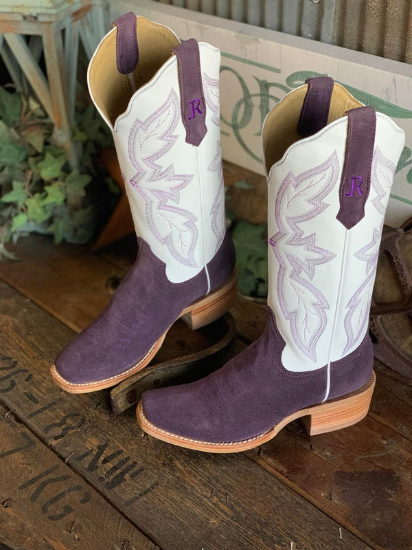 Womens R. Watson Plum Rough out & Winter White Cowhide Cutter Toe Boots-Women's Boots-R. Watson-Lucky J Boots & More, Women's, Men's, & Kids Western Store Located in Carthage, MO