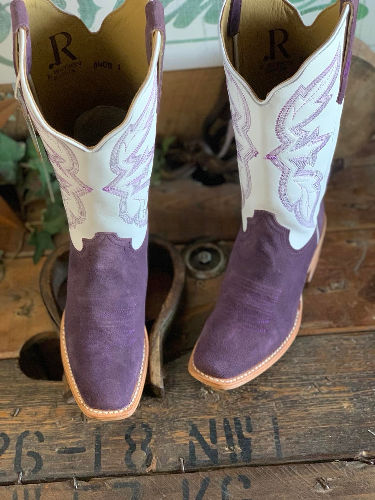 Womens R. Watson Plum Rough out & Winter White Cowhide Cutter Toe Boots-Women's Boots-R. Watson-Lucky J Boots & More, Women's, Men's, & Kids Western Store Located in Carthage, MO