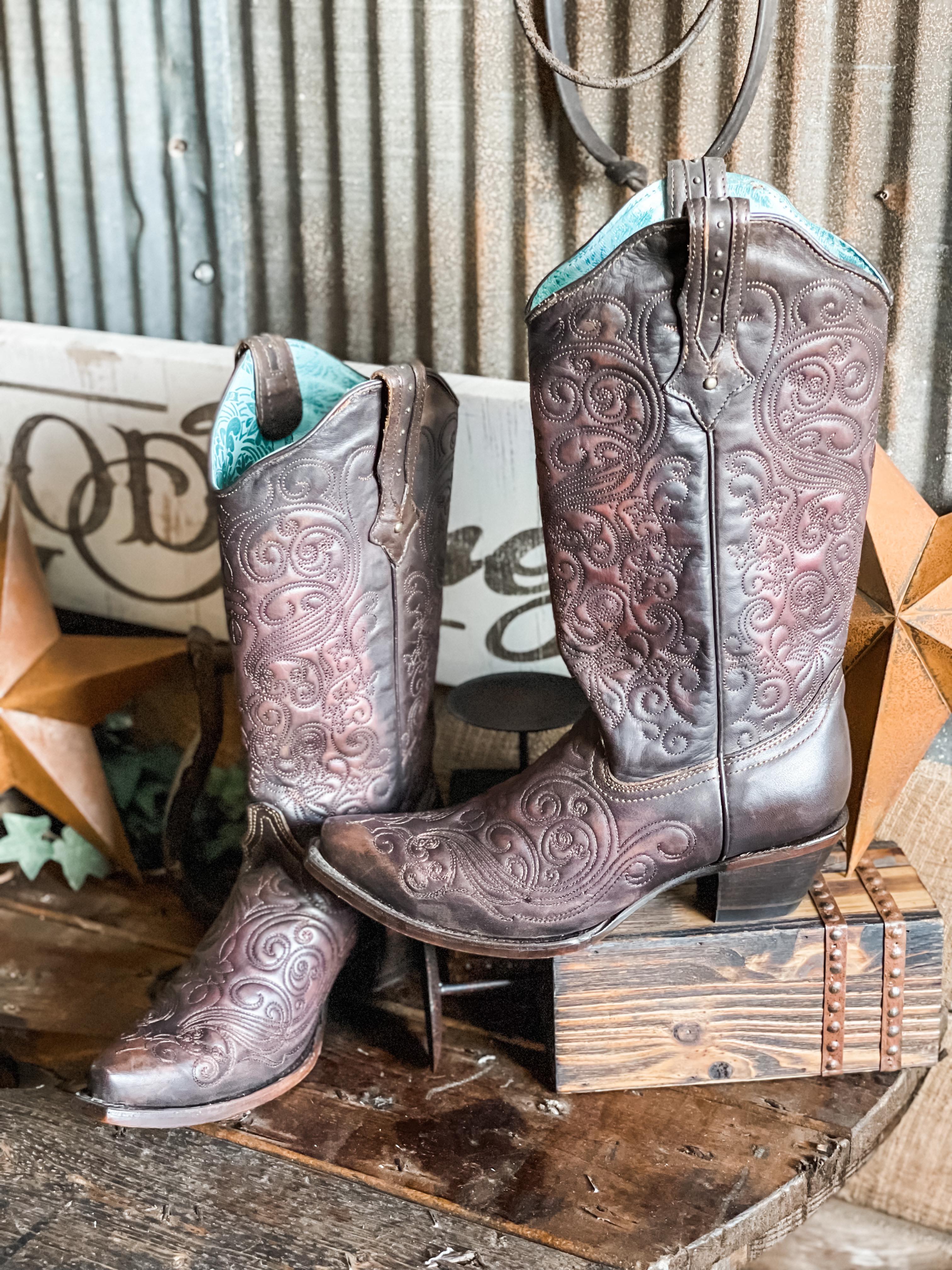 Corral Cognac Embroidery-Women's Boots-Corral-Lucky J Boots & More, Women's, Men's, & Kids Western Store Located in Carthage, MO