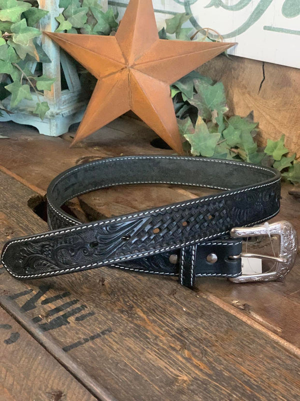 XB-100BK RBC Tooled Black Belt-Belts-WESTERN FASHION ACCESSORIES-Lucky J Boots & More, Women's, Men's, & Kids Western Store Located in Carthage, MO