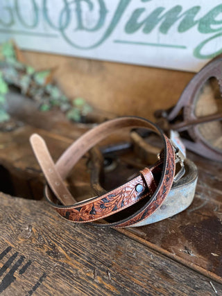 Kids Dark Tooled Leather Belt-Kids Belts-Gem-Dandy-Lucky J Boots & More, Women's, Men's, & Kids Western Store Located in Carthage, MO