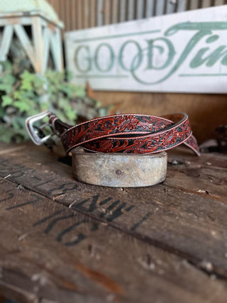 Tooled Leather Belt W/ Black Inlay-Belts-M & F Western Products-Lucky J Boots & More, Women's, Men's, & Kids Western Store Located in Carthage, MO