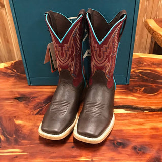 Youth Ariat Chocolate and Maroon Bristo Square Toe Boot-Kids Boots-Ariat-Lucky J Boots & More, Women's, Men's, & Kids Western Store Located in Carthage, MO